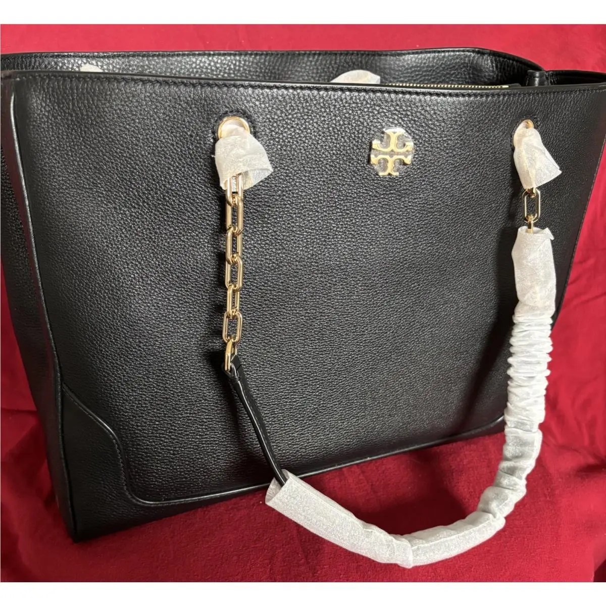 Black Leather Chain Tote Shoulder Bag Large Gold Logo by Tory Burch