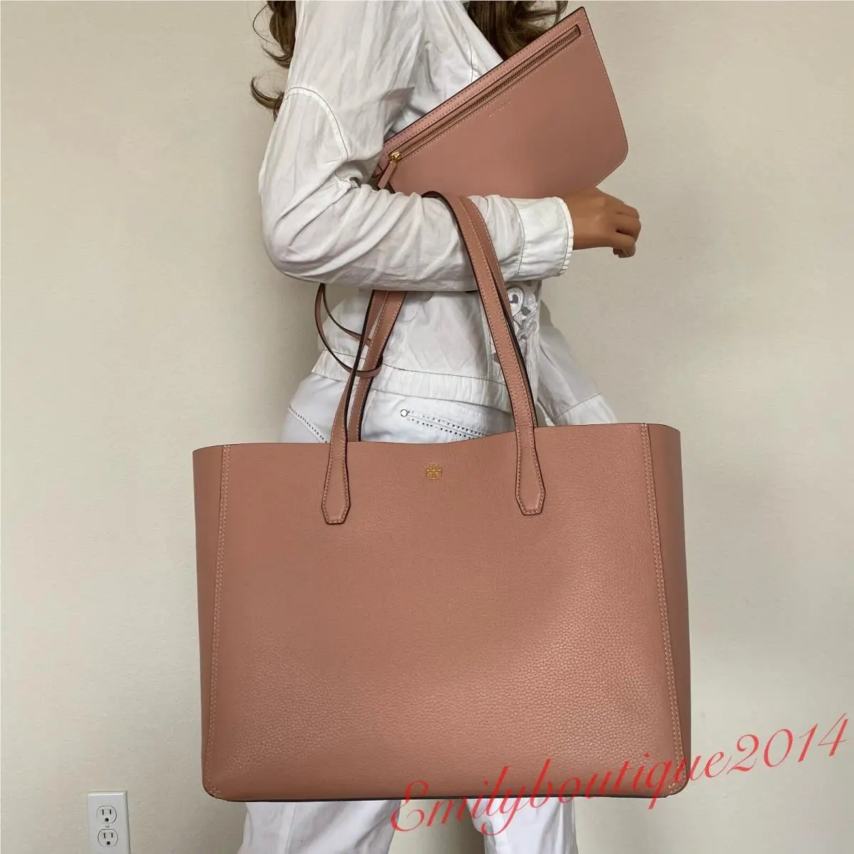 85984 Blake Tote Pebble Leather Large Bag Zip Pouch in Pink Moon by Tory Burch