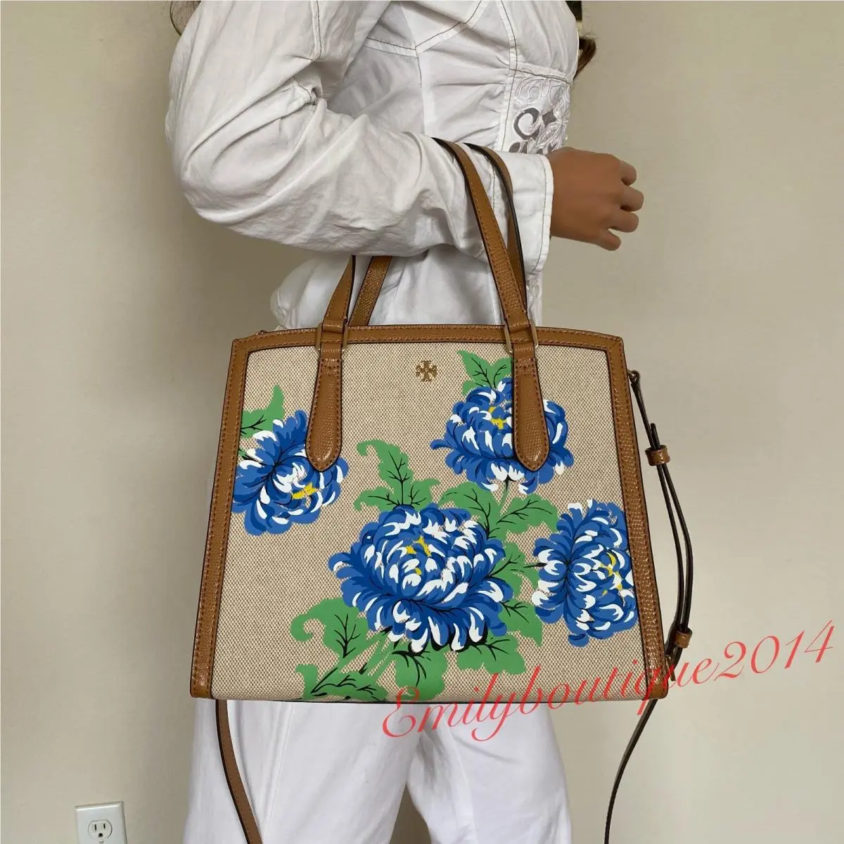 80131 Emerson Ditsy Floral Canvas Satchel Tote Bag in Beige Brown by Tory Burch