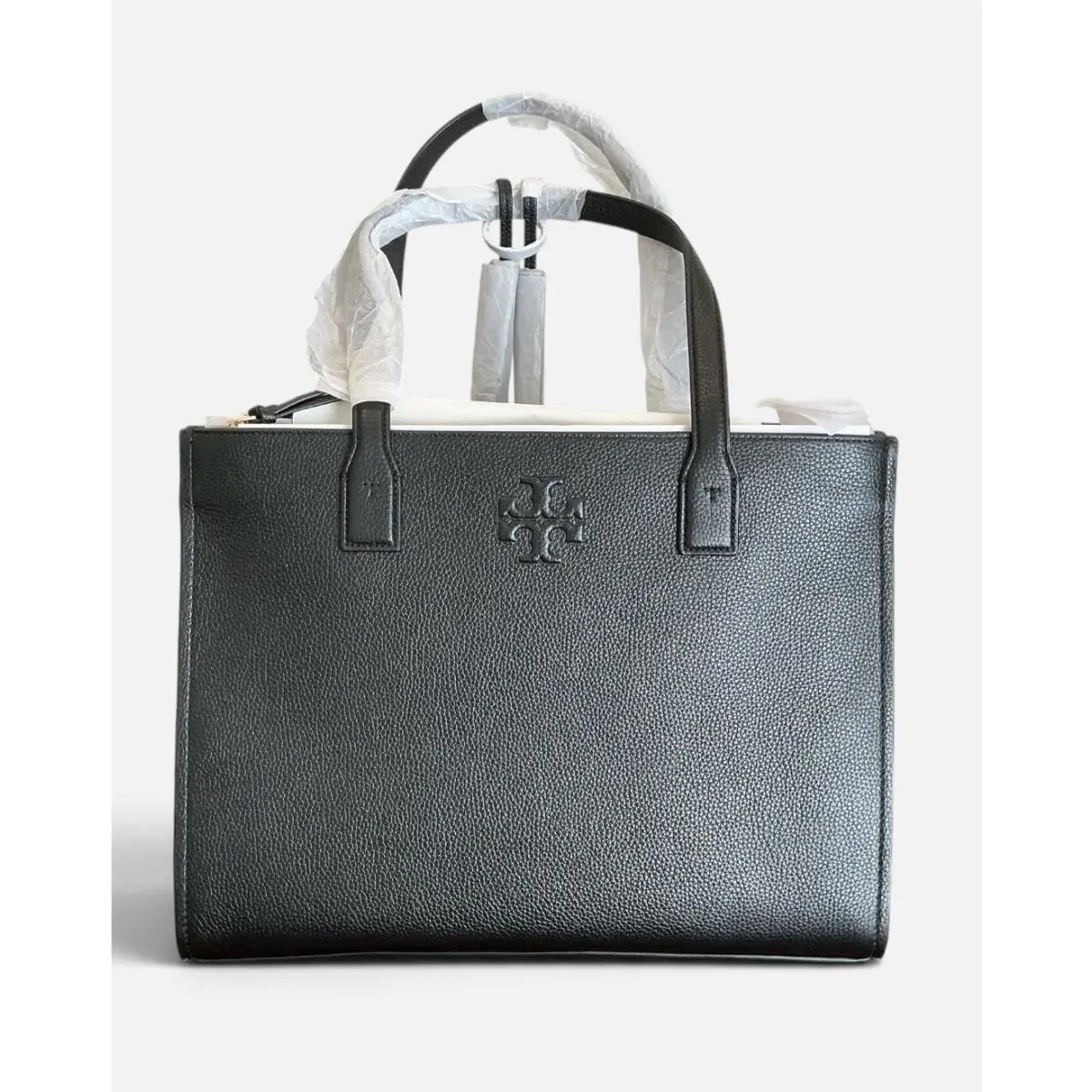 Thea Center Zip Pebbled Leather Tote Bag Black by Tory Burch