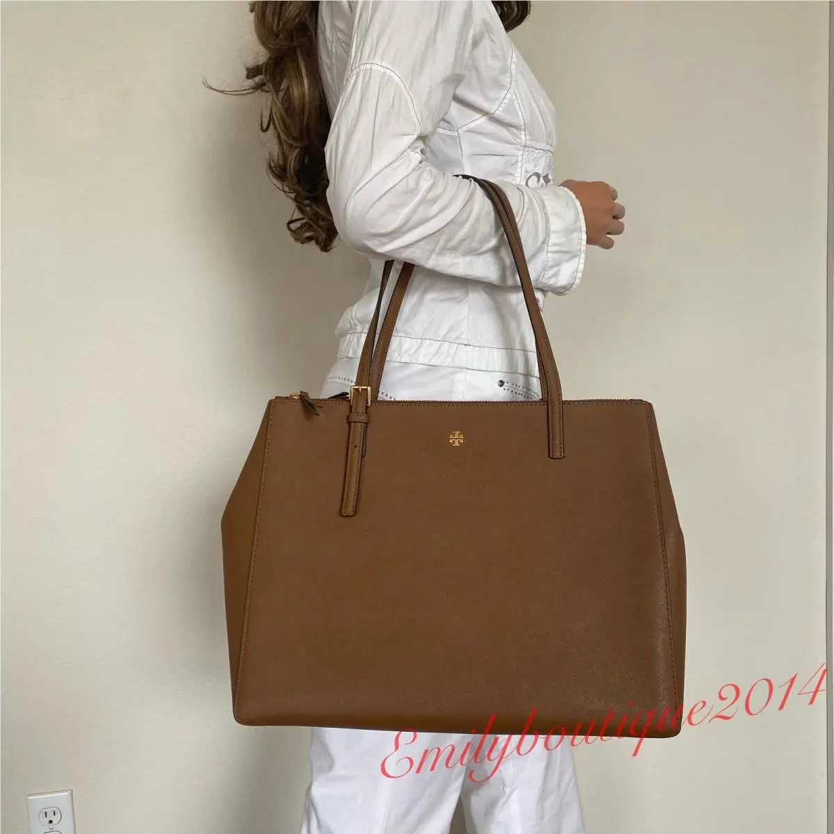 134837 Emerson Large Double Zip Tote Leather Bag in Moose by Tory Burch