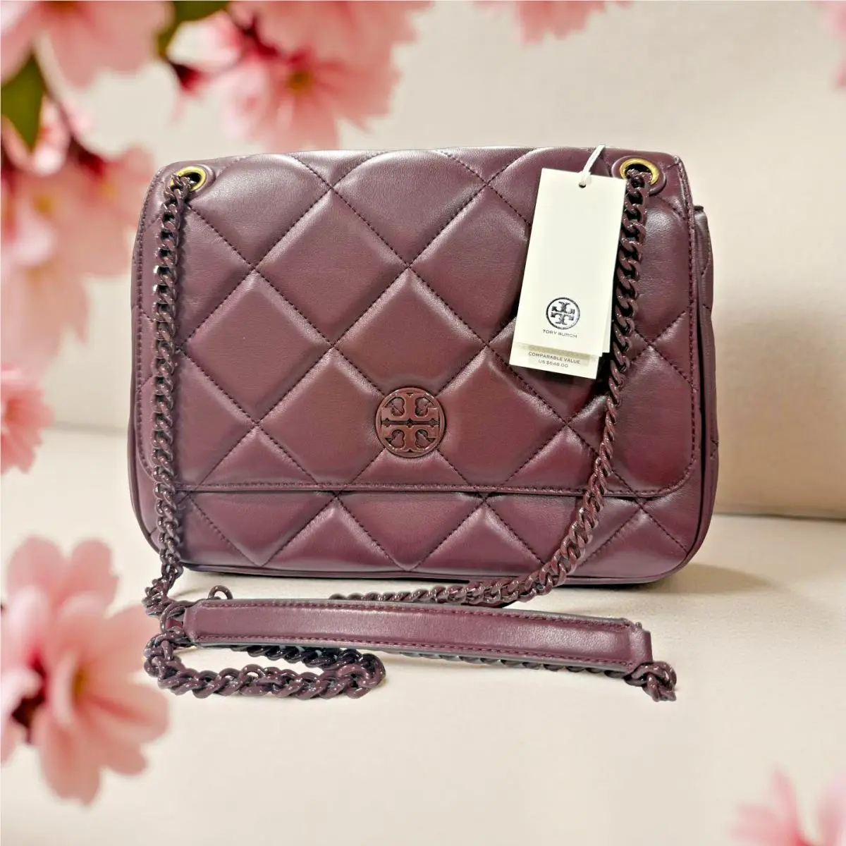 Beautiful  Bag – – Size L – Burgundy. Willa Quilted by Tory Burch
