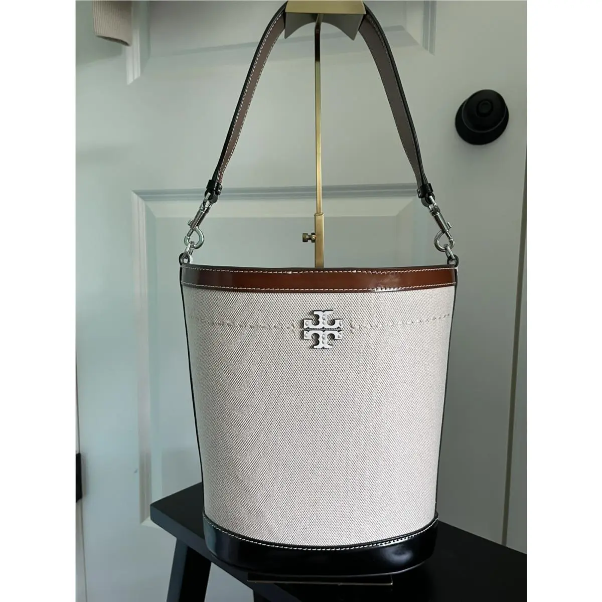 Toy Burch Mcgraw Canvas and Leather Bucket Bag Natural Dark Sienna by Tory Burch