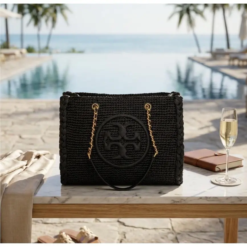 Ella Raffia Melange Black Small Chain Shoulder Bag/shopper Tote Bag by Tory Burch