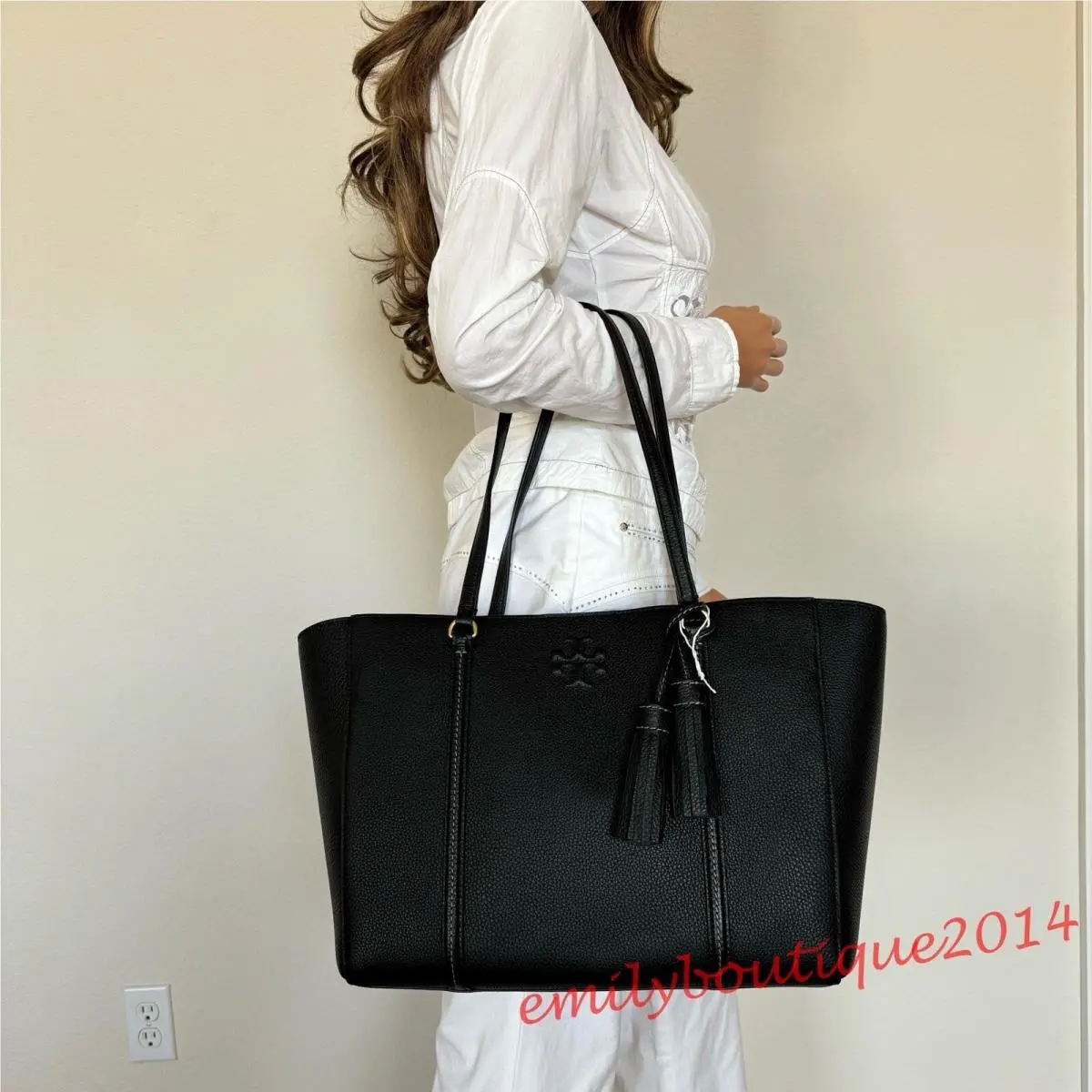 144689 Thea Tote In Pebble Leather Large Shoulder Bag Black by Tory Burch
