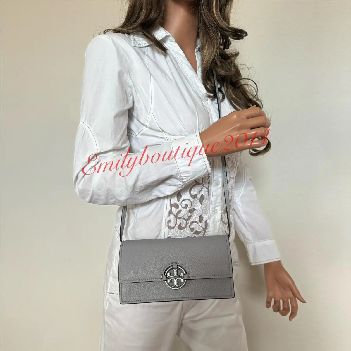 137145 Miller Wallet Crossbody Bag in Pebble Leather Bay Gray by Tory Burch