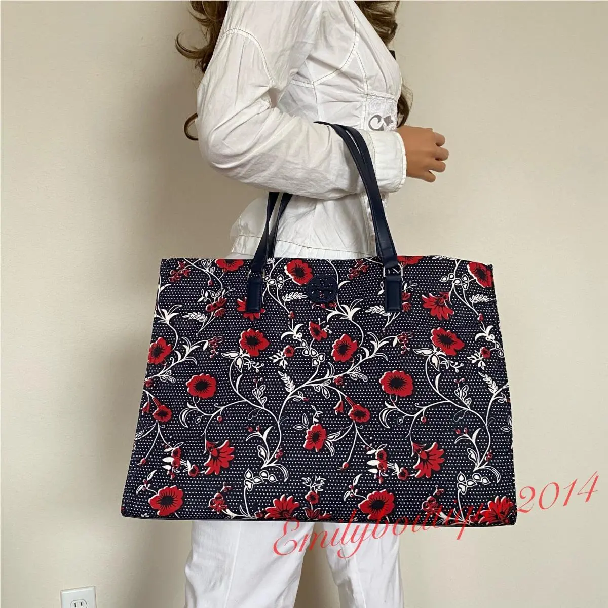 139366 Nylon Printed Floral Large Tote Shoulder Bag in Navy Red by Tory Burch