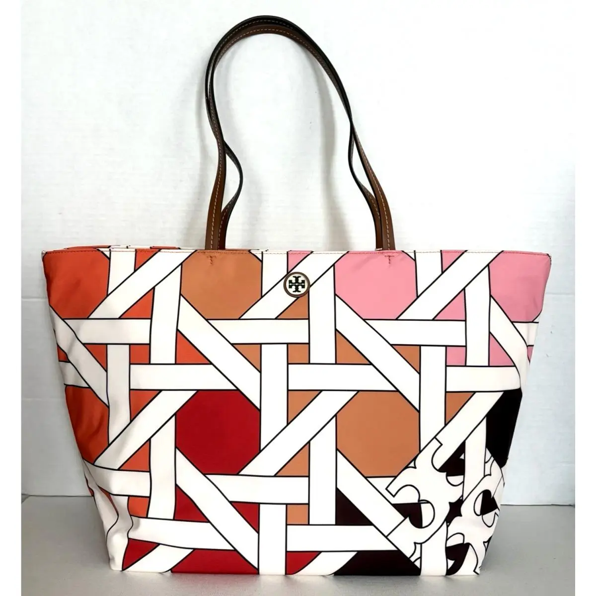 Nylon Printed Tote Colorblock Pink-red Basketweave by Tory Burch