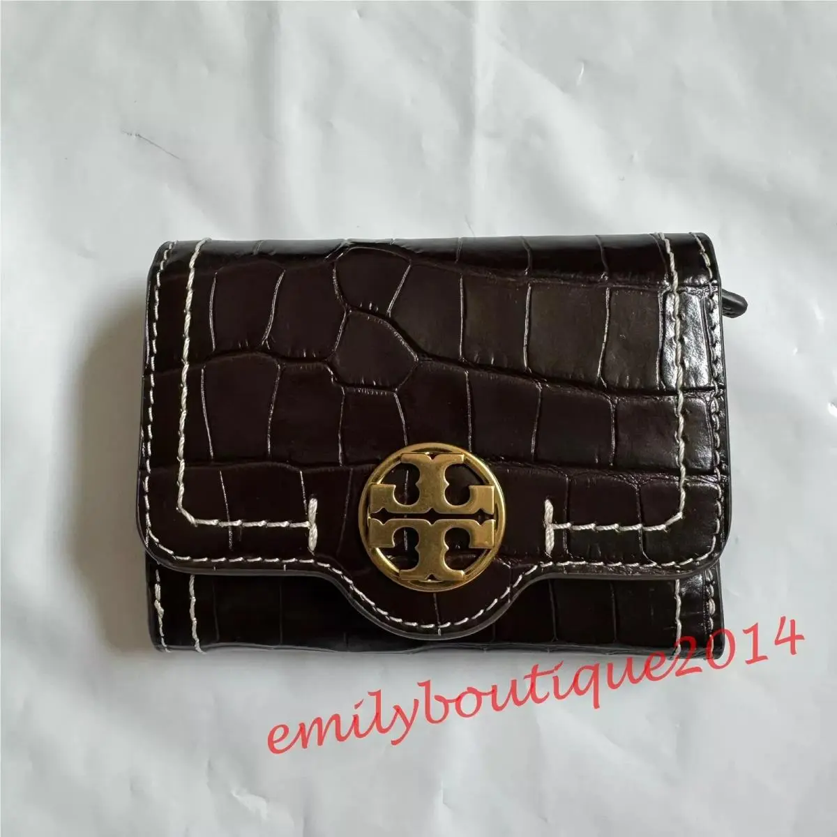 157274 Felix Embossed Leather Medium Wallet Billfold Dark Mahogany by Tory Burch