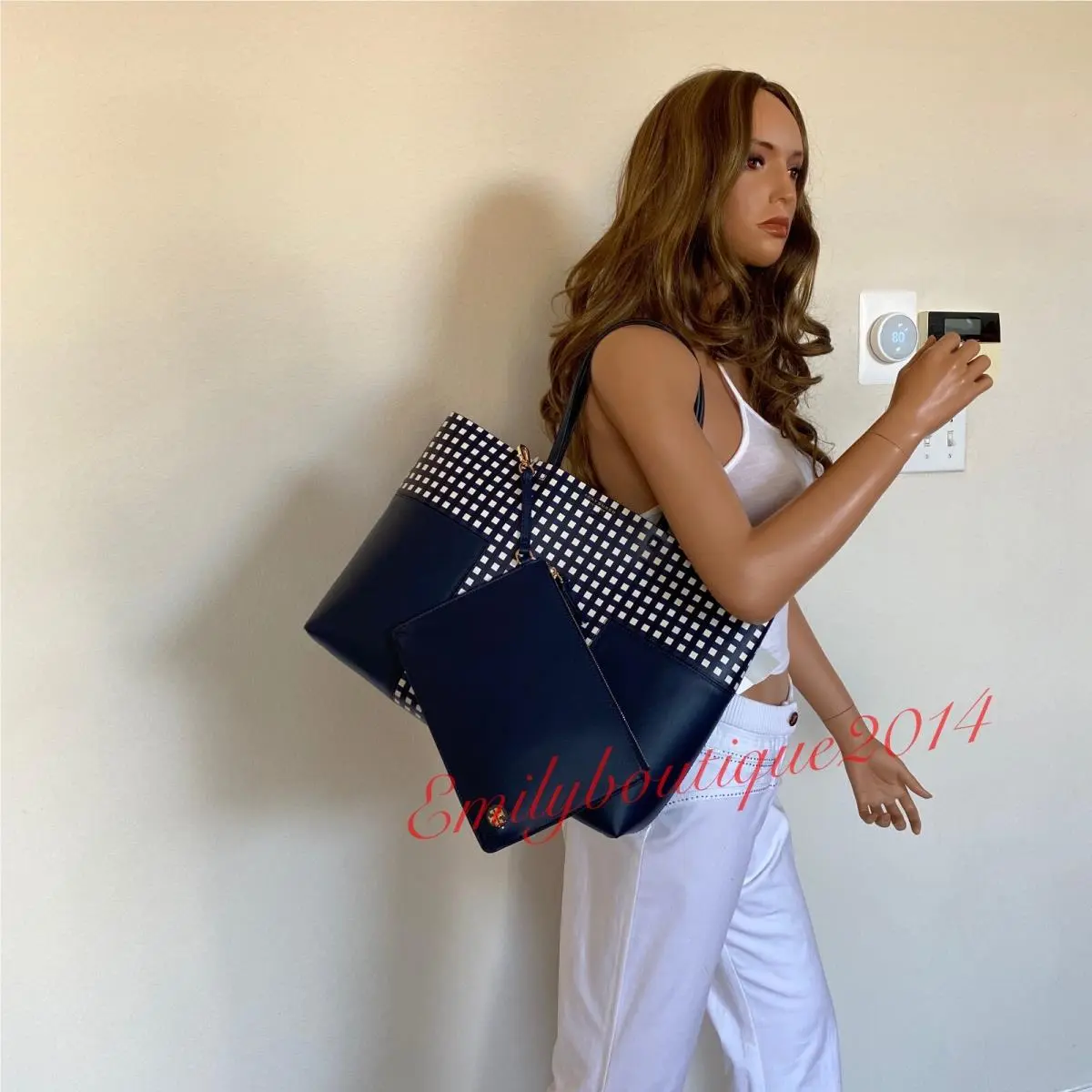 73107 Block-t Tote Leather Bag Zip Pouch Royal Navy Blue Check by Tory Burch