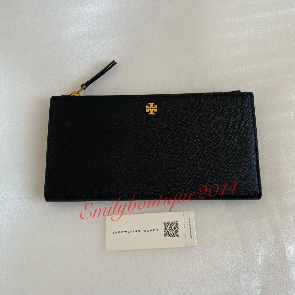 136097 Emerson Slim Envelope Saffiano Leather Wallet in Black by Tory Burch