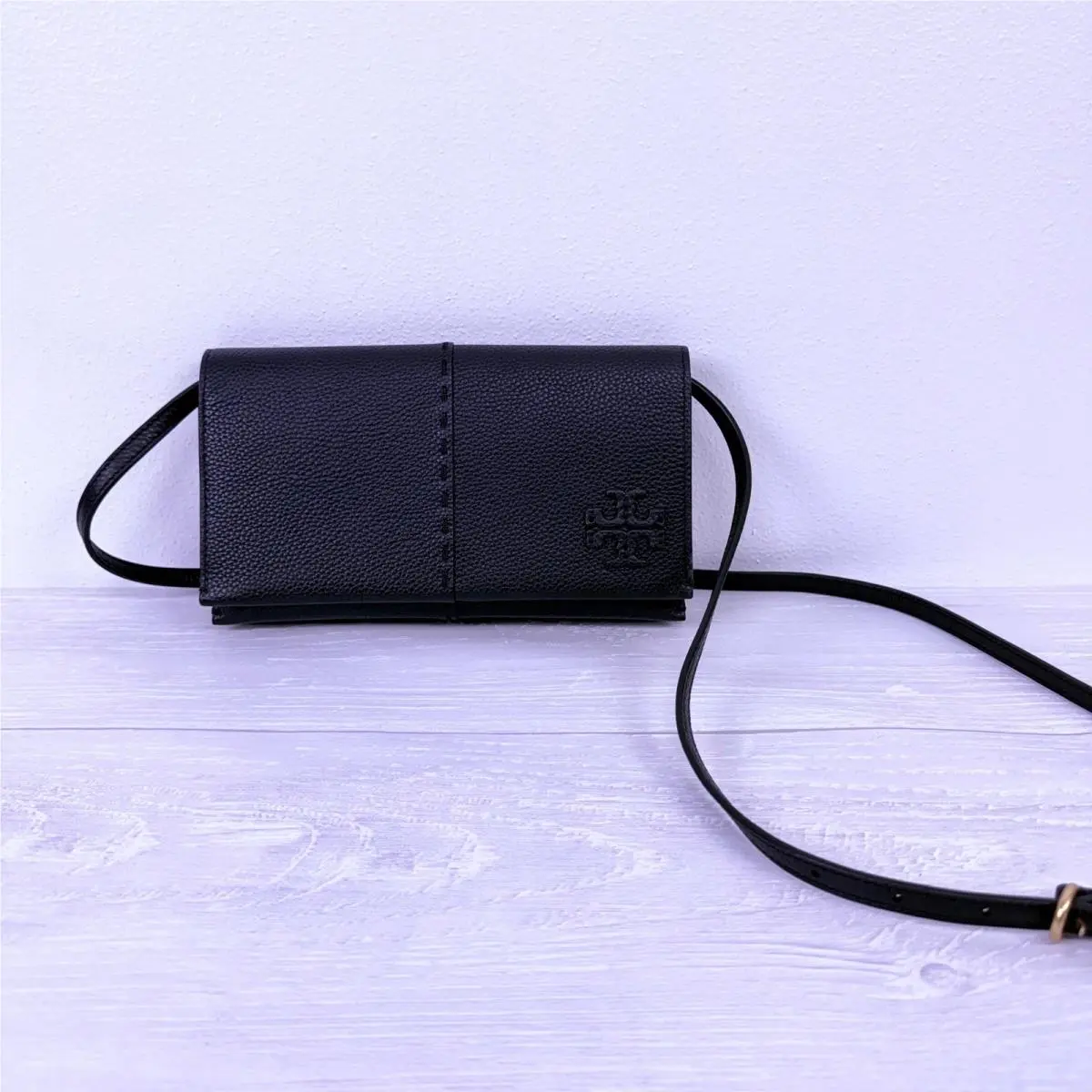 Tory Burch Mcgraw Wallet Crossbody Bag Black Leather Clutch Pebbled Flap