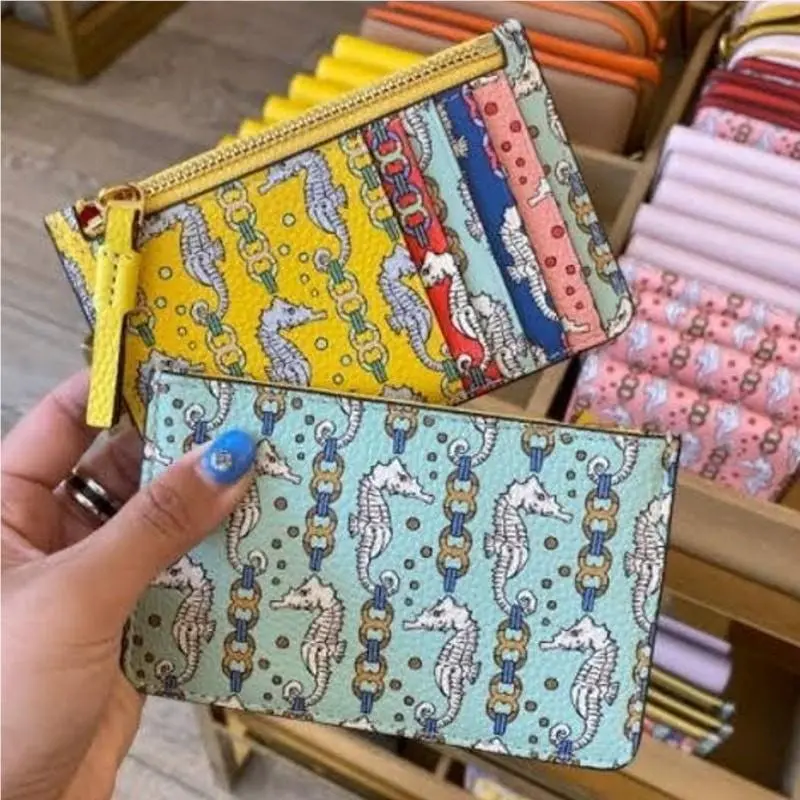 Perry Printed Zip Top Card Case Wallet Seahorse Multi Color by Tory Burch