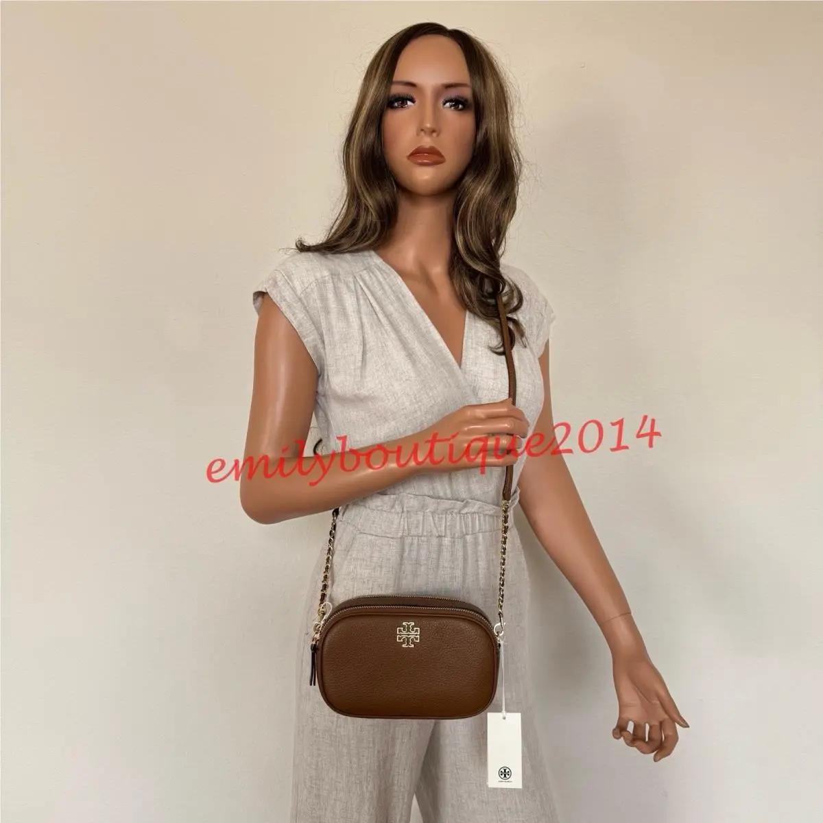 157733 Britten Camera Bag Pebble Leather Crossbody in Moose Brown by Tory Burch