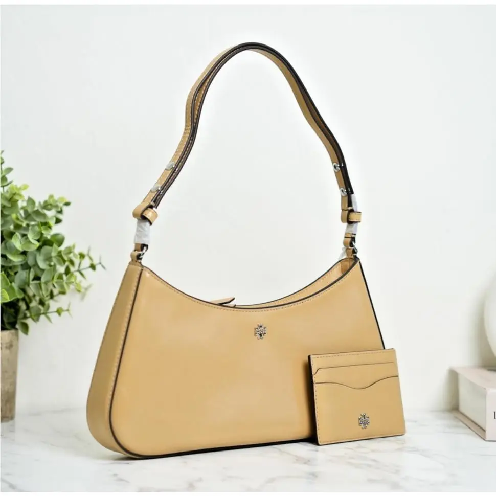 Rory Glazed Leather Shoulder Bag Card Case in Warm Butter Set by Tory Burch