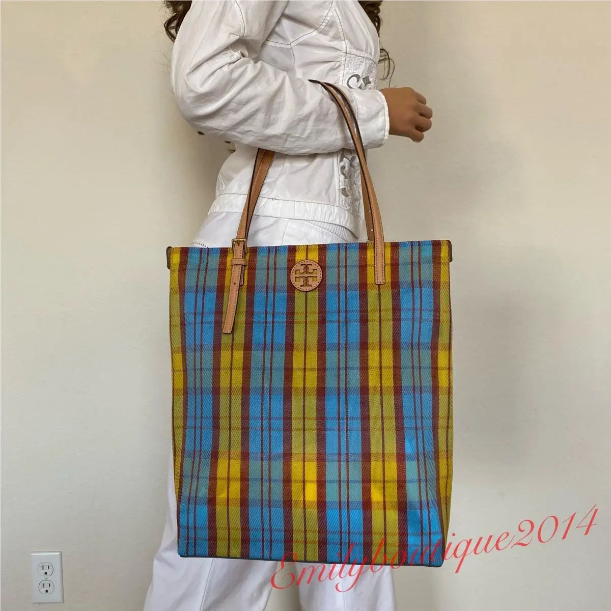 146431 Emerson Mesh NS Market Tote Miami Vacation Beach Plaid Bag by Tory Burch