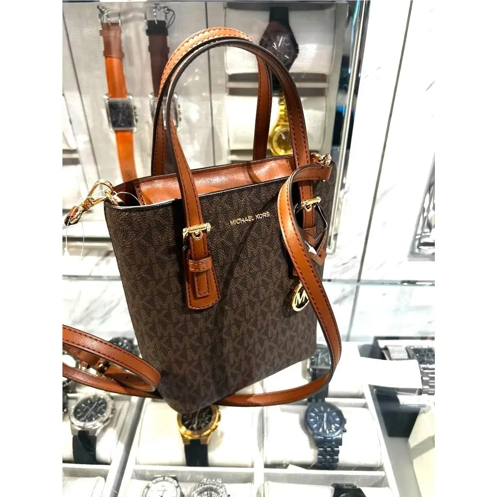 Michael Kors Voyager Womens XS MK Signature Purse Handbag Crossbody Bag Brown