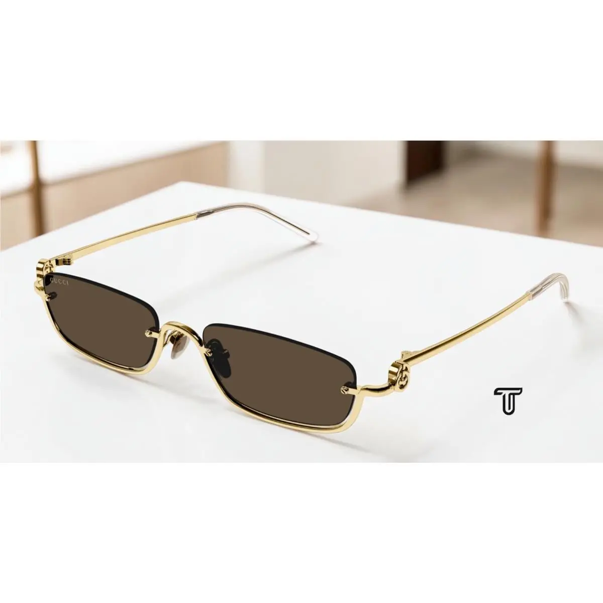 GG1278S 001 Rectangular Squared Metal Gold Brown 55 mm Unisex Sunglasses by Gucci