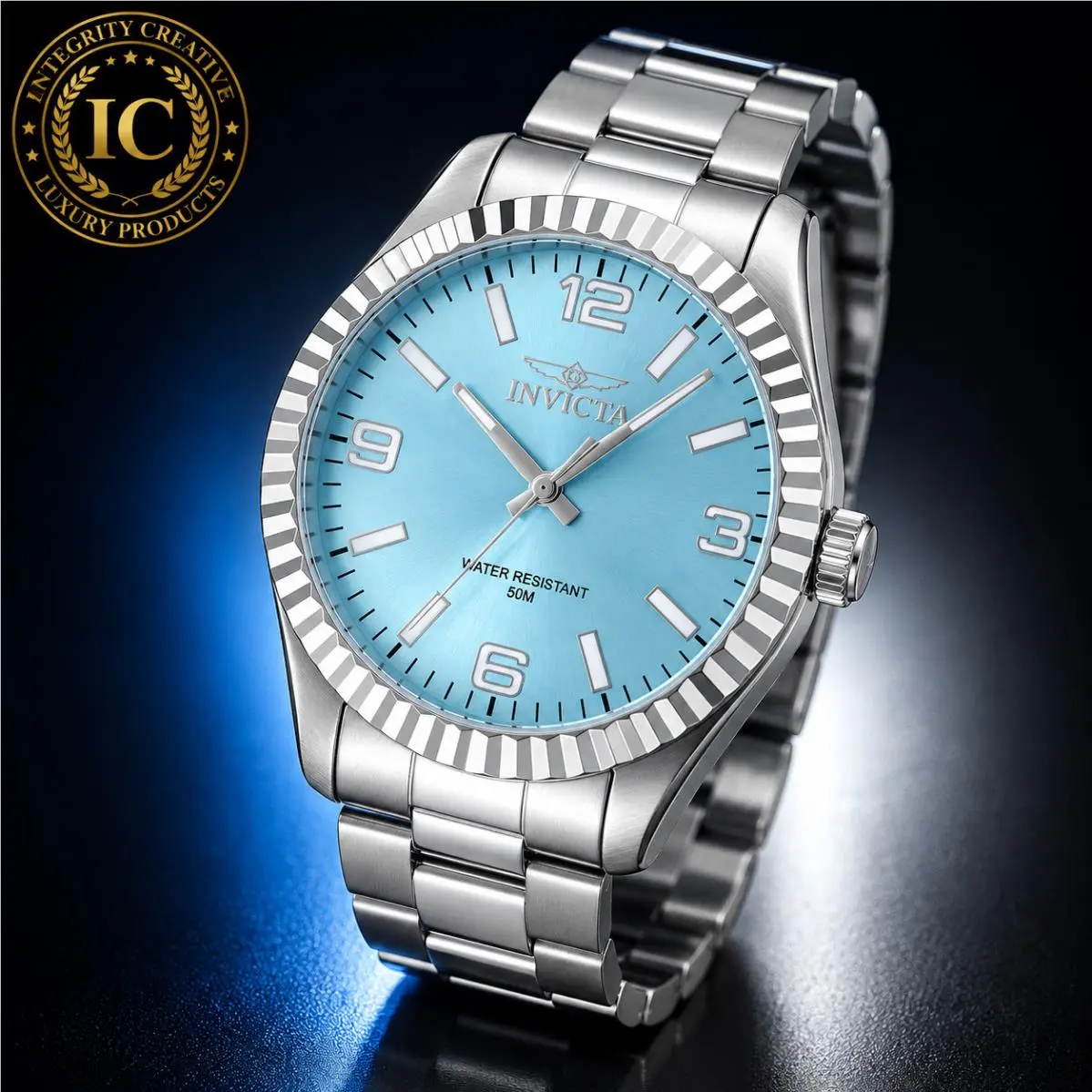 Invicta Mens 43MM Quartz Watch Turquoise Blue Dial Stainless Steel Silver Bracelet Wrist
