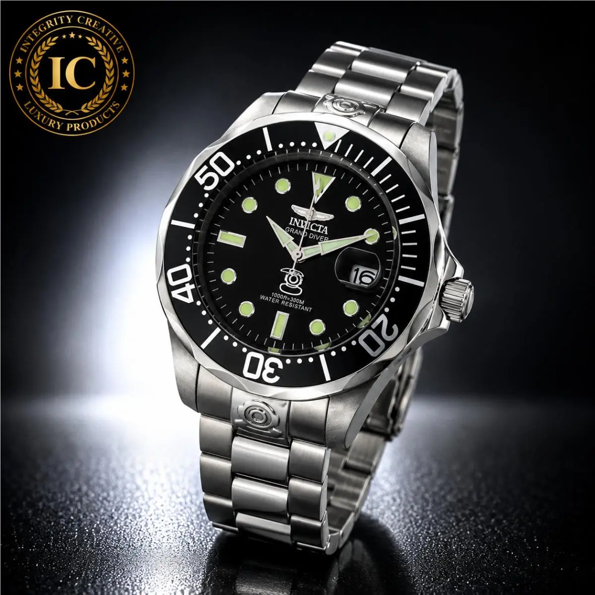 Men`s 47MM Diver Automatic Watch Black Dial Stainless Steel Bracelet Wristwatch by Invicta