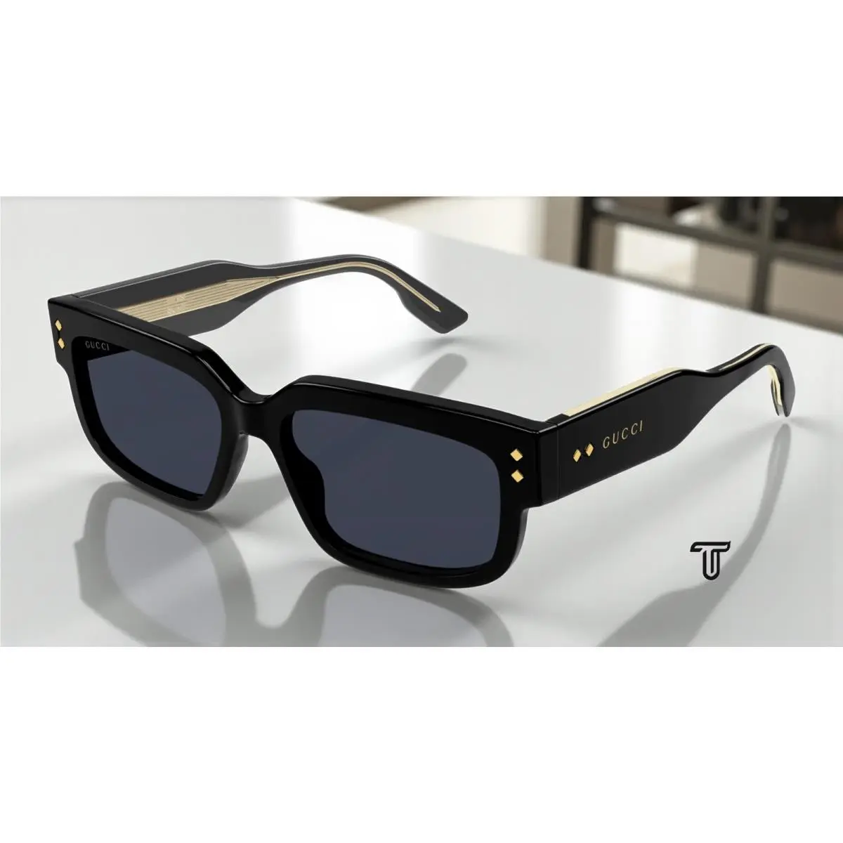GG1218S 001 Rectangular Squared Acetate Black Grey 56 mm Men`s Sunglasses by Gucci