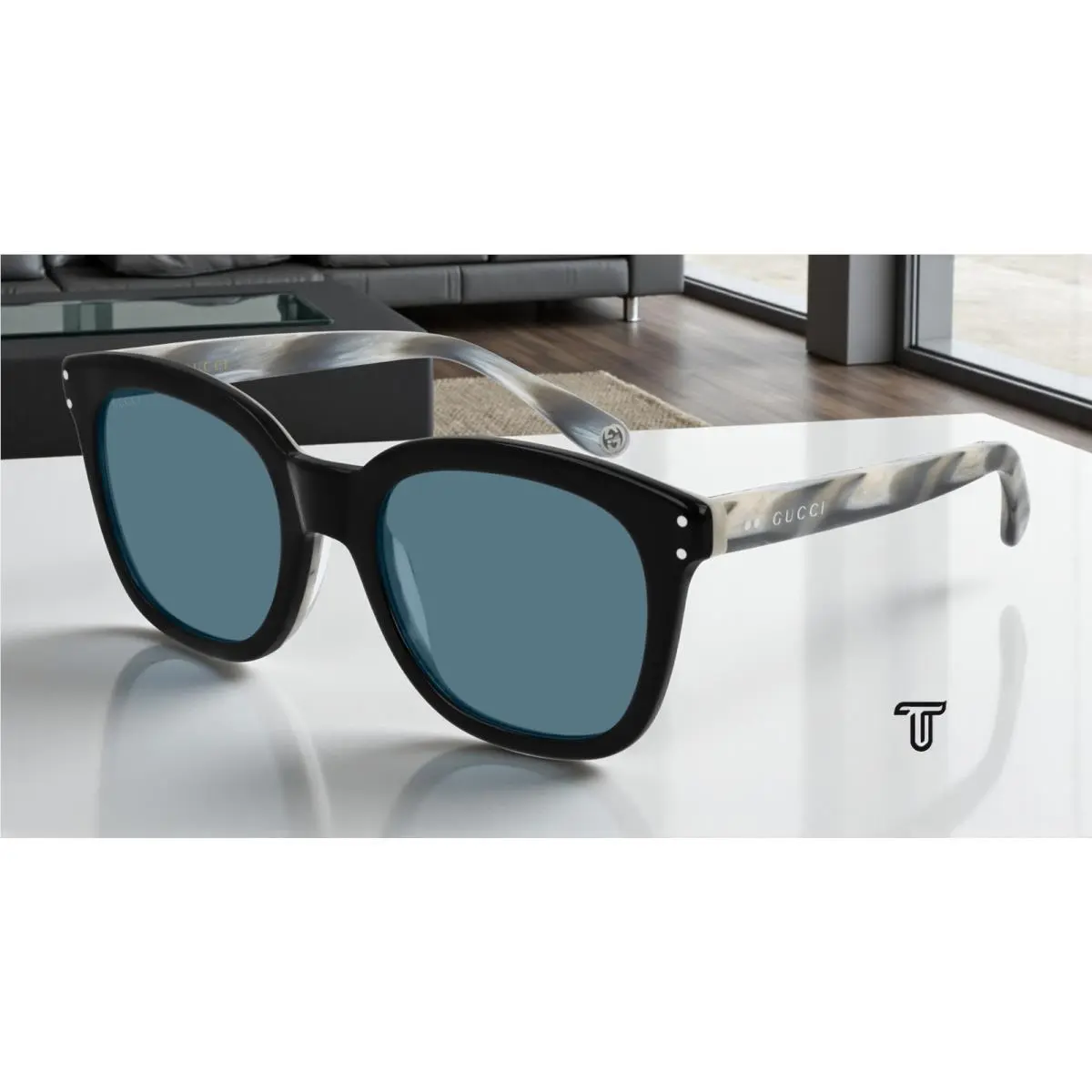 GG0571S 004 Rectangular Square Black Shiny Grey Blue 52mm Men`s Sunglasses by Gucci