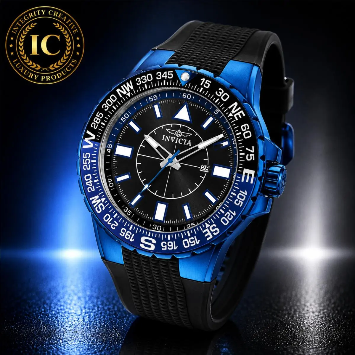 Invicta Men`s 53MM Quartz Watch Black Dial Blue Bezel Black Silicone Strap Wristwatch