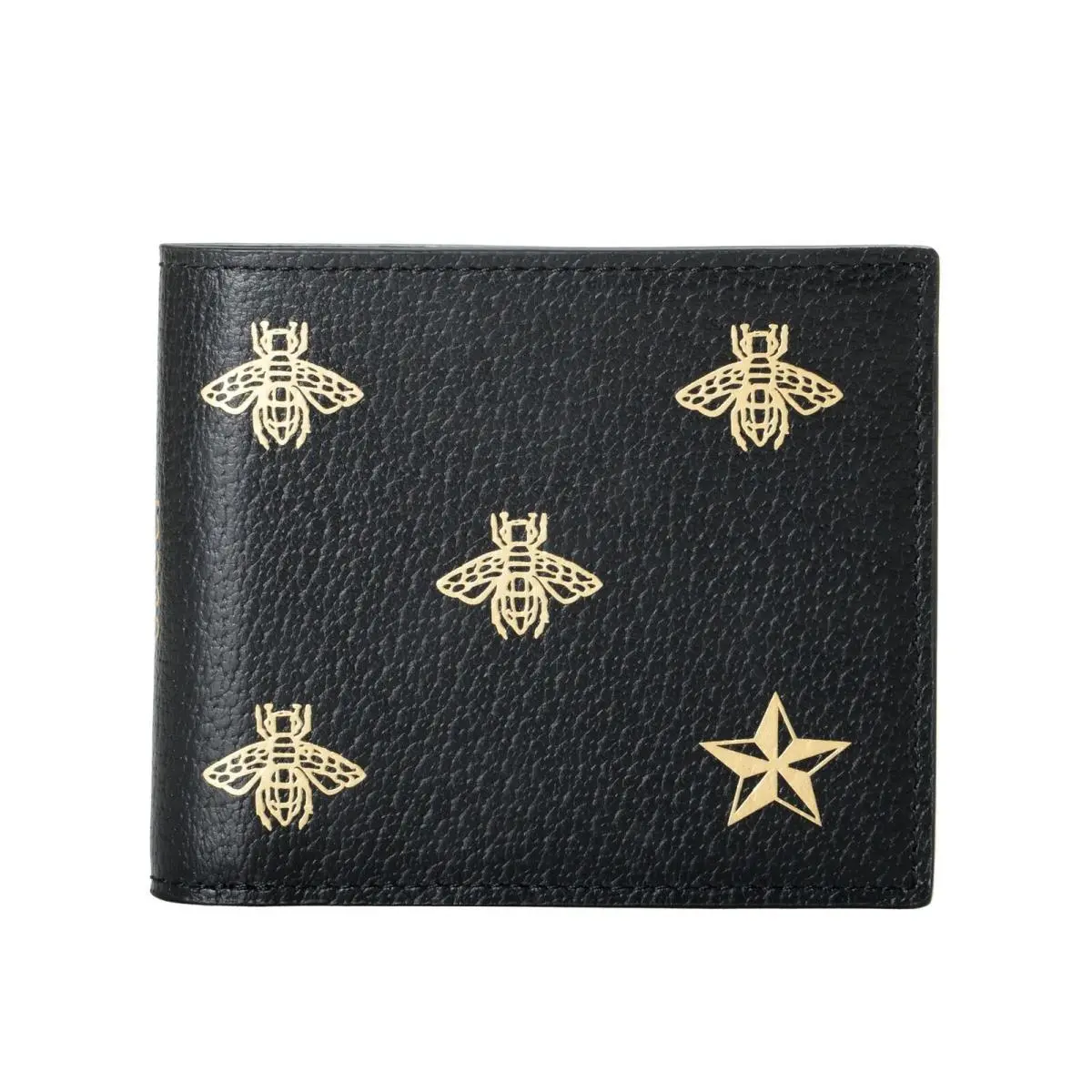 Men`s Black Gold Bee Star Print Textured Leather Bifold Wallet by Gucci