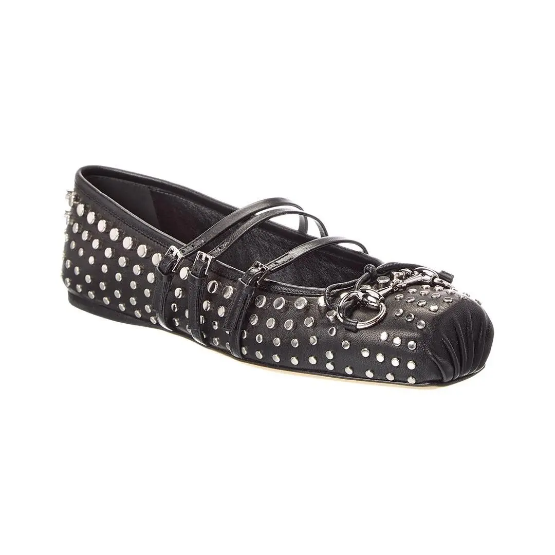 Horsebit Leather Ballet Flat Women`s Black 36 by Gucci