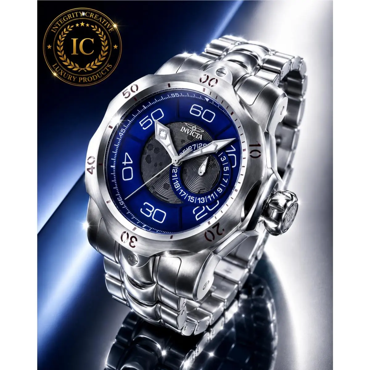 Invicta Men`s 54mm Casual Venom Watch Quartz Blue Dial Silver Stainless Steel Wristwatch
