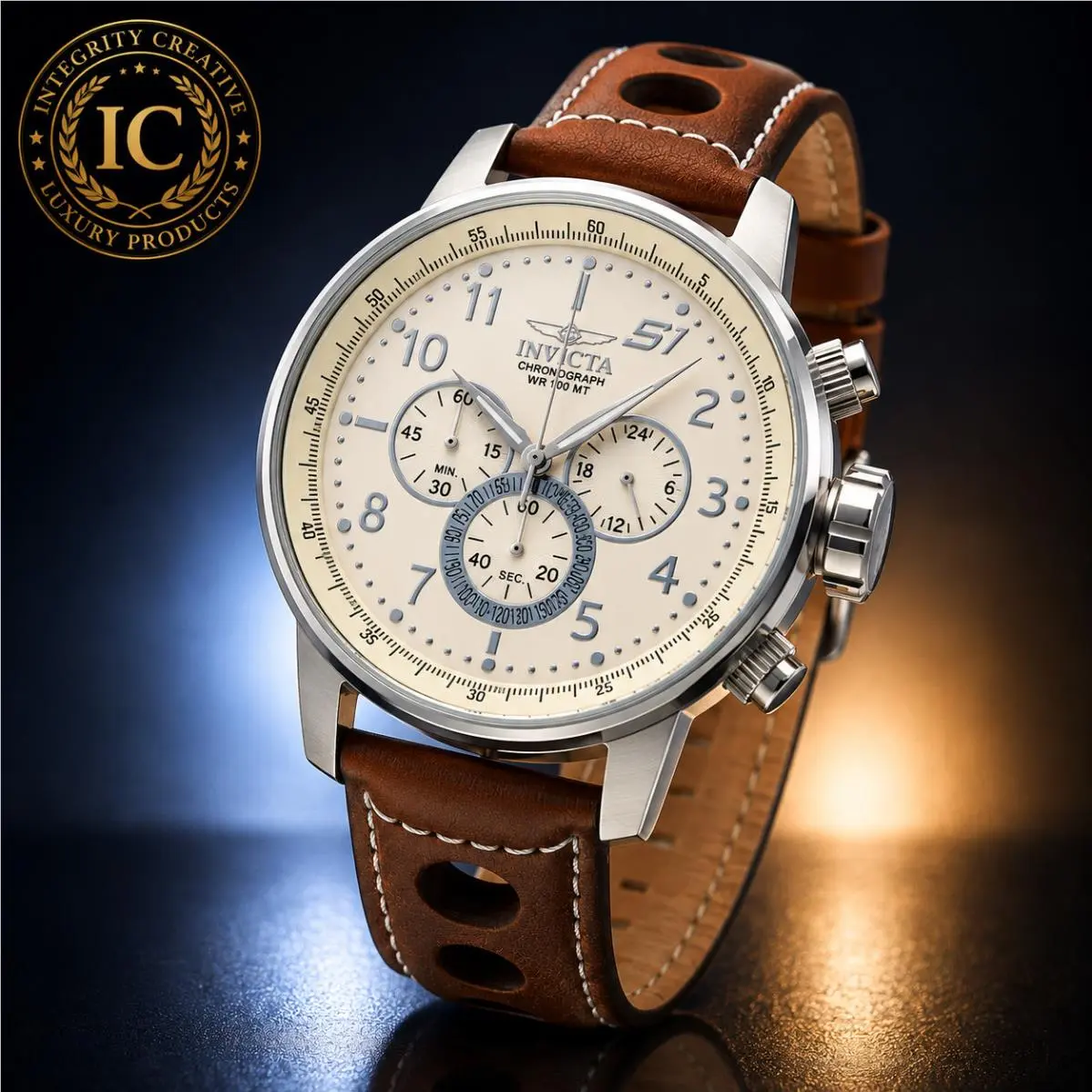 Invicta Men`s 48MM Chrono Quartz Watch Cream Dial Brown Leather Strap Classic Wristwatch