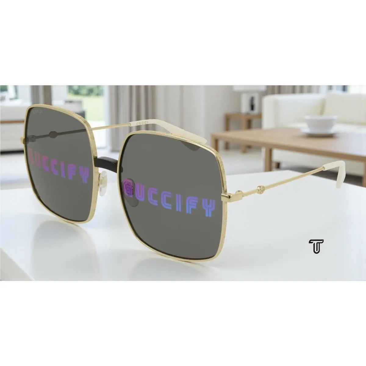 GG0414S 002 Square Gold Ivory Gold Multicolor 60 mm Women`s Sunglasses by Gucci