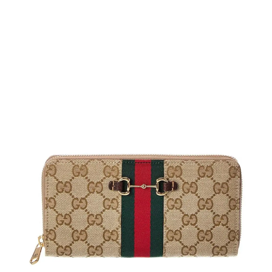 Horsebit Web Gg Canvas Zip Around Wallet Women`s Brown by Gucci