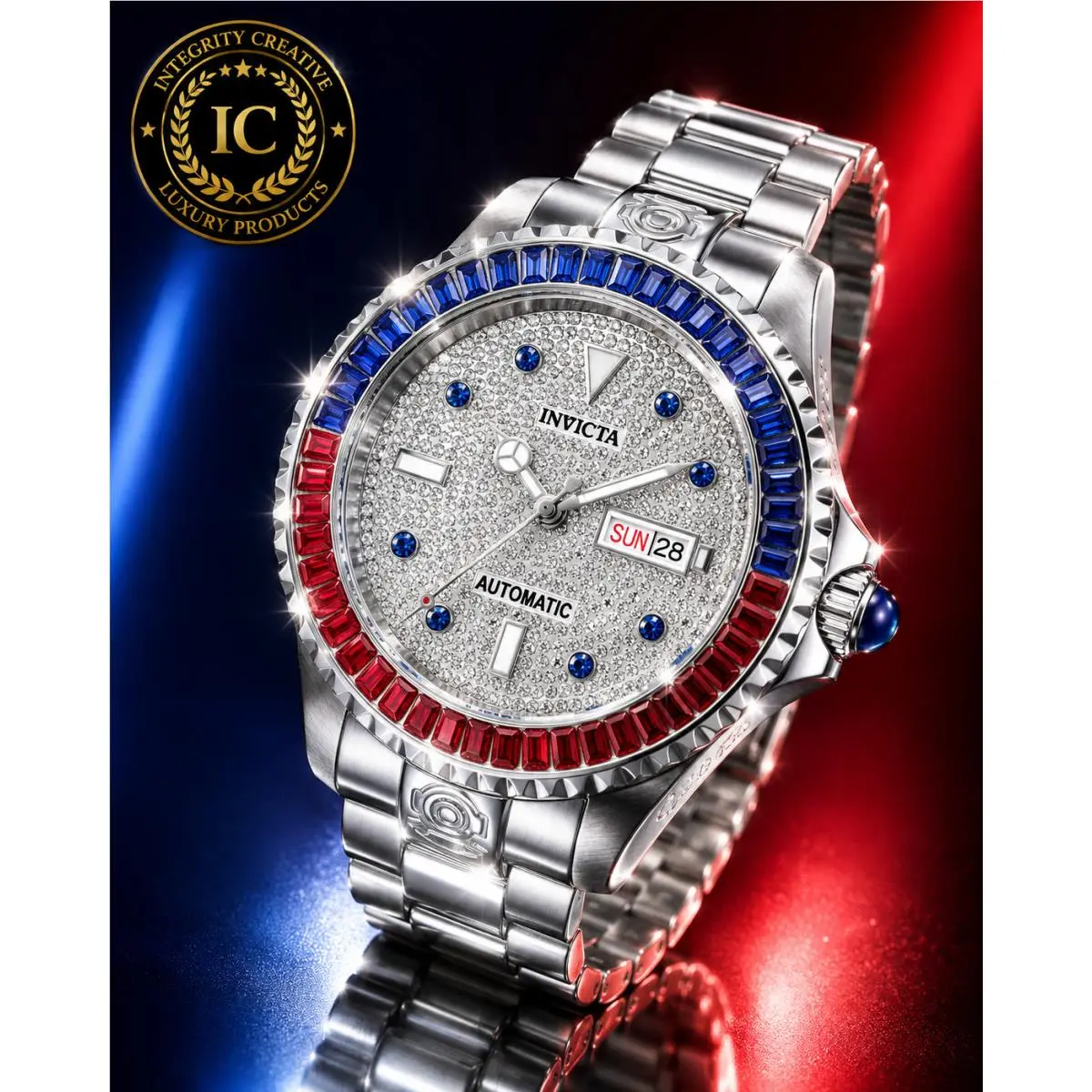 Men`s 47mm Grand Diver Automatic Watch Crystal Pave Dial Waterproof Wristwatch by Invicta