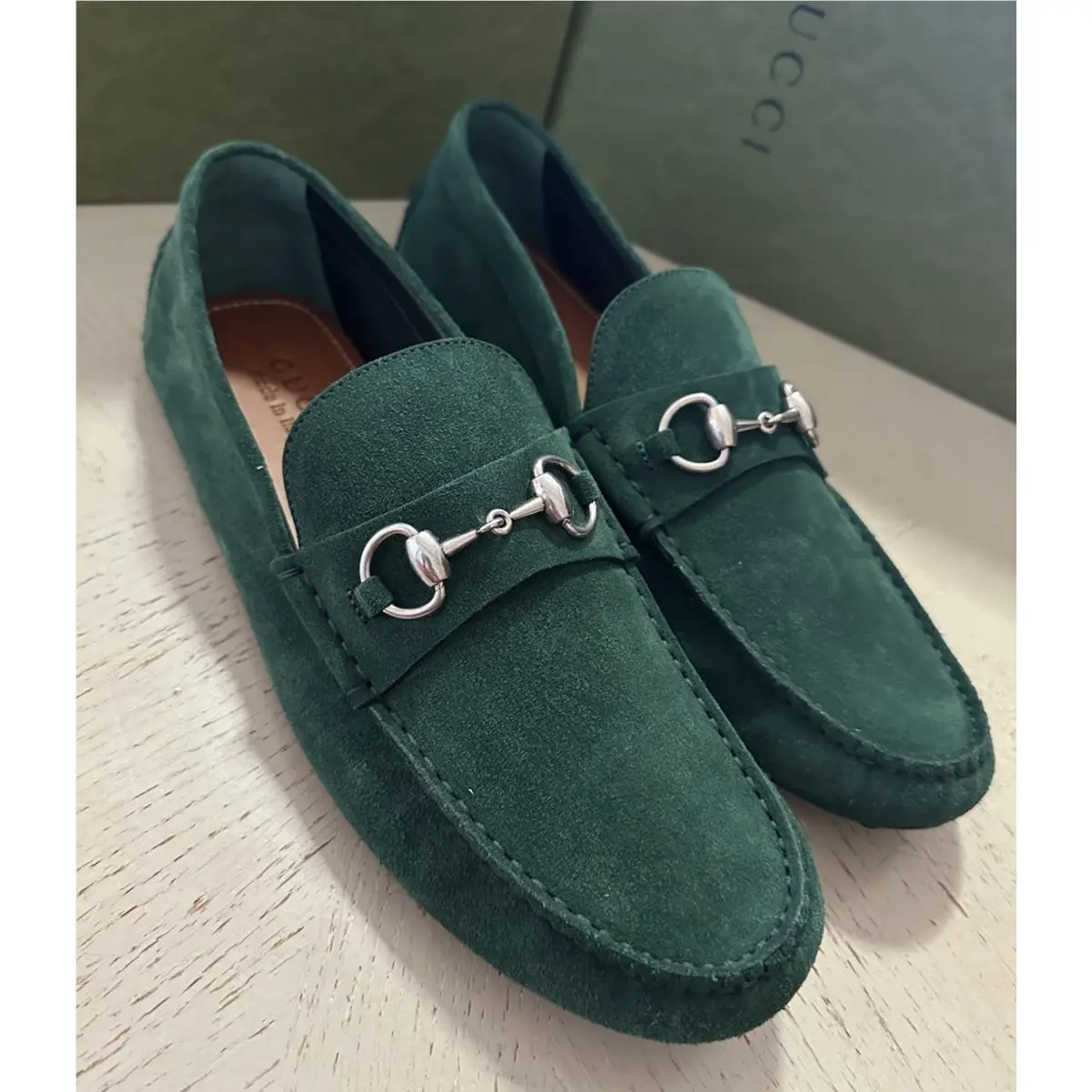 Gucci Men Suede Horsebit Driver Loafers Shoes Green 7 US/6.5 UK 765859