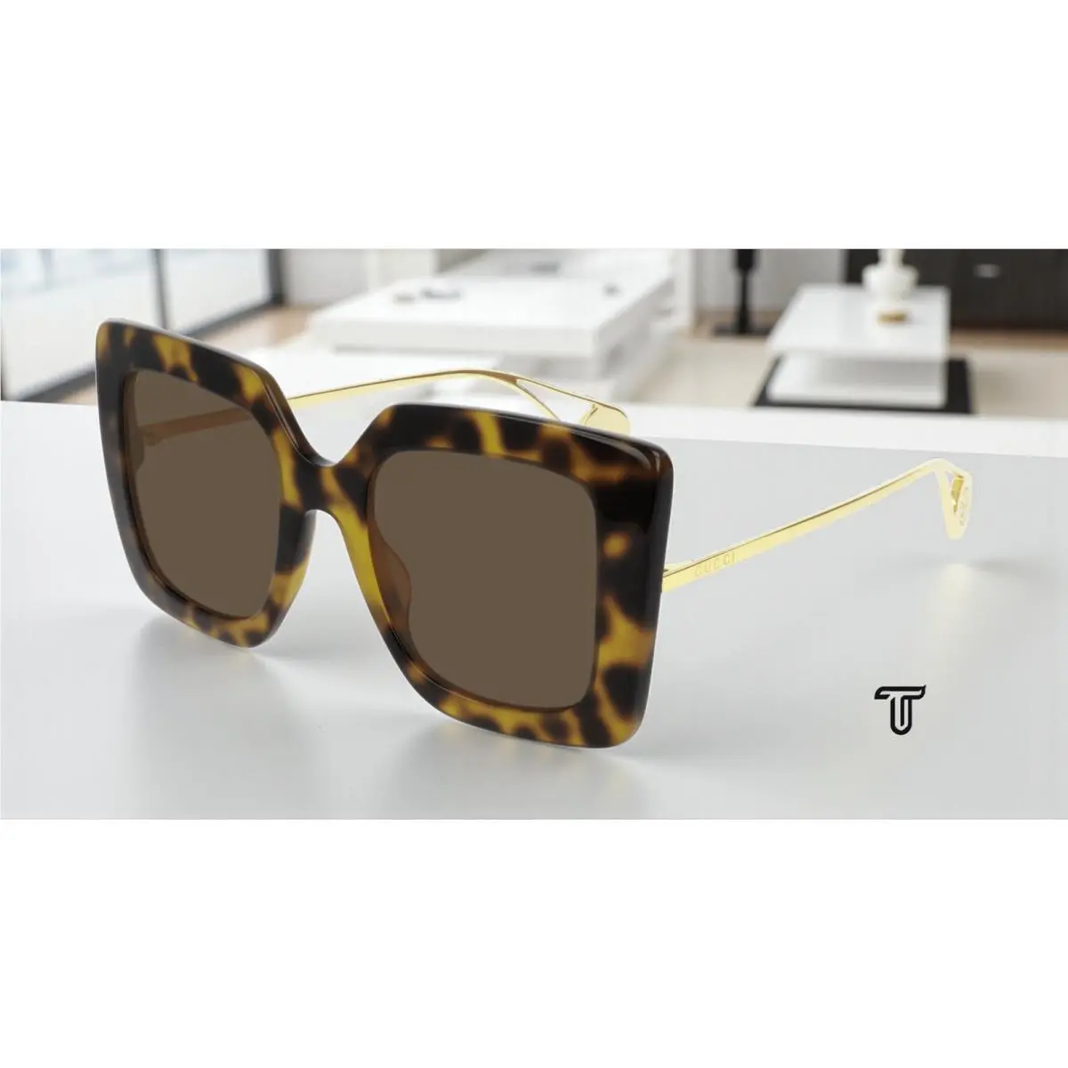 GG0435S 003 Rectangular Havana Shiny Gold Brown 51 mm Women`s Sunglasses by Gucci