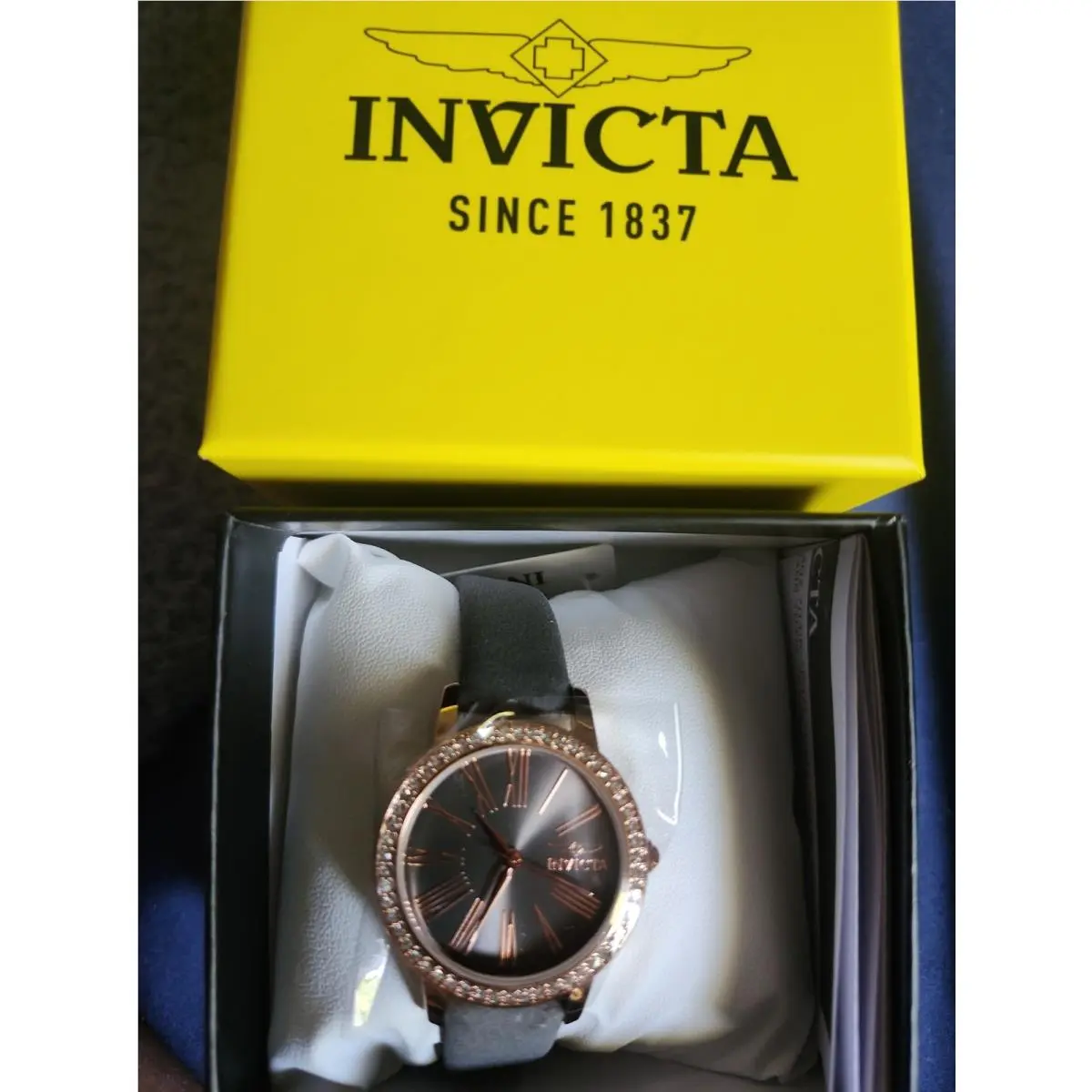 70446 Celestial Etheta Women`s 31mm Rose Gold Tone Grey Leather Band by Invicta