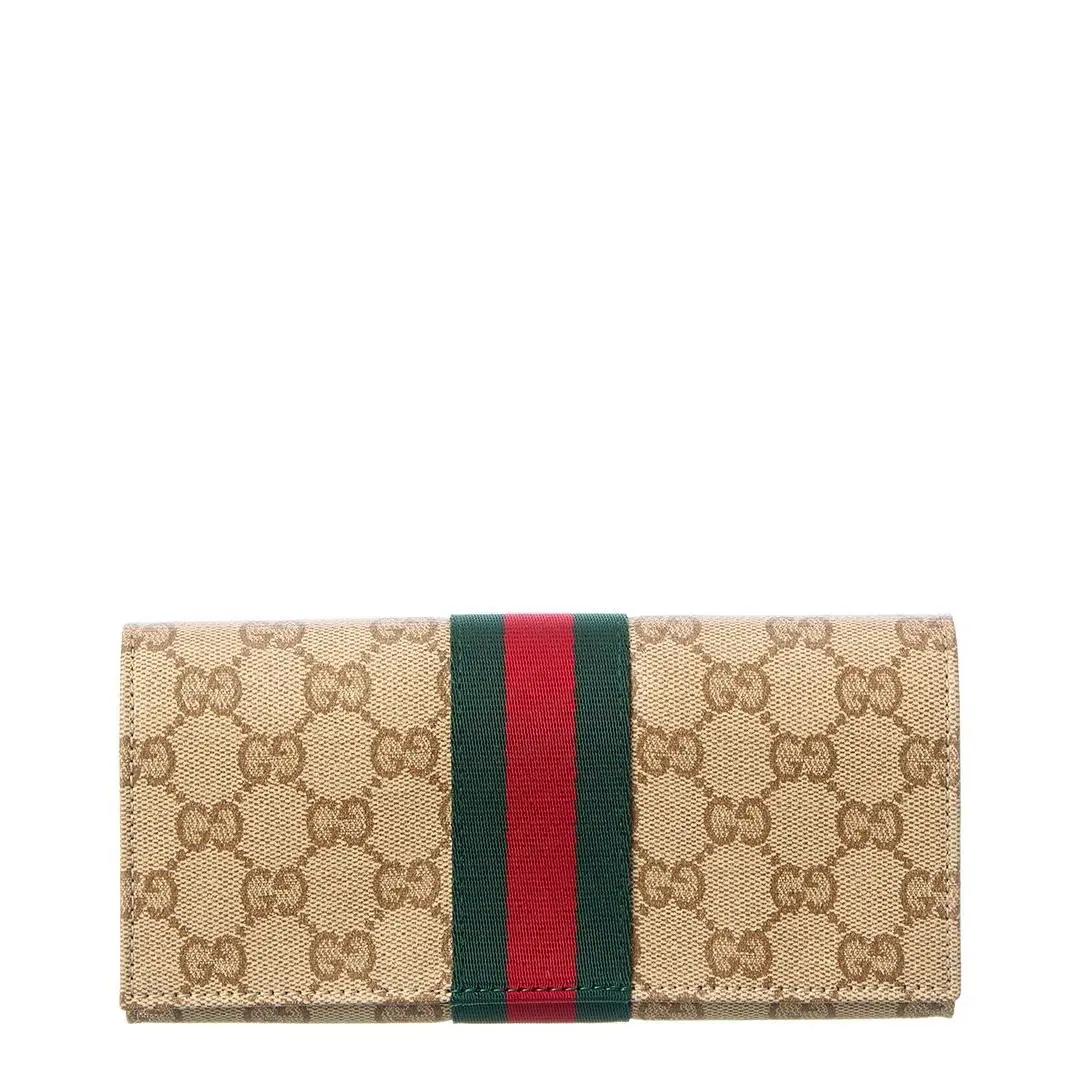 Long Gg Canvas Leather Continental Wallet Women`s Brown by Gucci