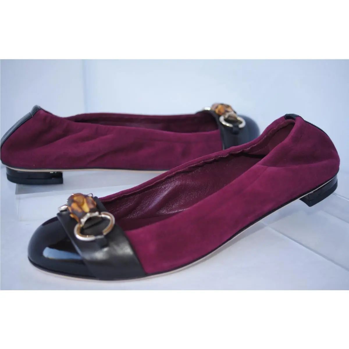 Gucci Women`s Shoes Flats Size 37 Black Red Vernice Crystal Ballerina