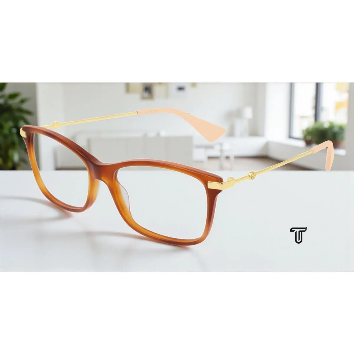 GG0513O 003 Square Havana Gold Demo Lens 54 mm Women`s Eyeglasses by Gucci
