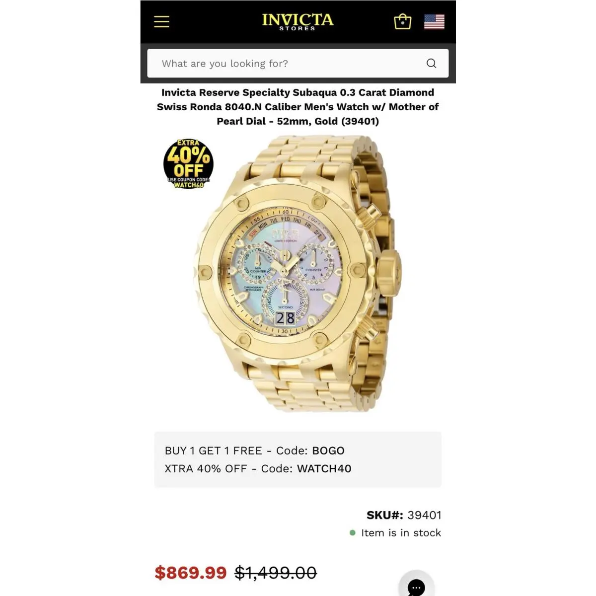 Invicta Reserve Specialty Subaqua Certified 0.3 Mother Of Pearl Dial 39401