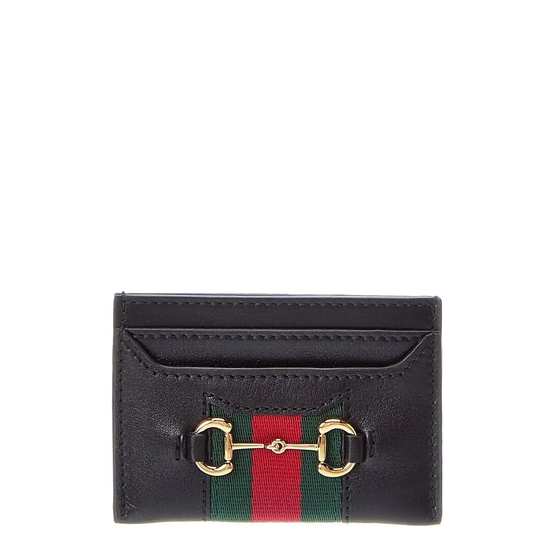 Horsebit Web Leather Card Case Women`s Black by Gucci