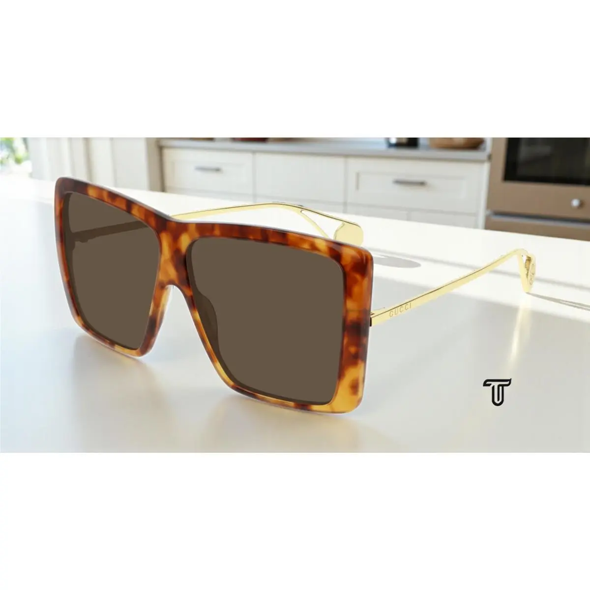 GG0434S 003 Square Havana Shiny Gold Brown 61 mm Women`s Sunglasses by Gucci