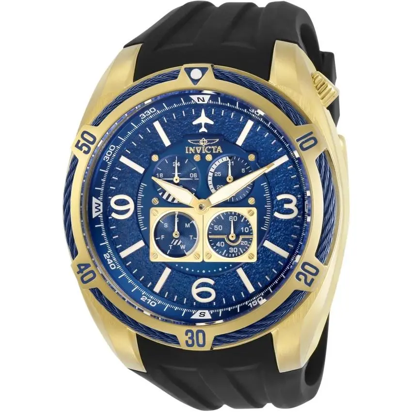 Invicta Men`s Aviator Watch Blue Dial with Black Strap 30487 - Dial: Blue, Band: Black, Bezel: Black, Gold