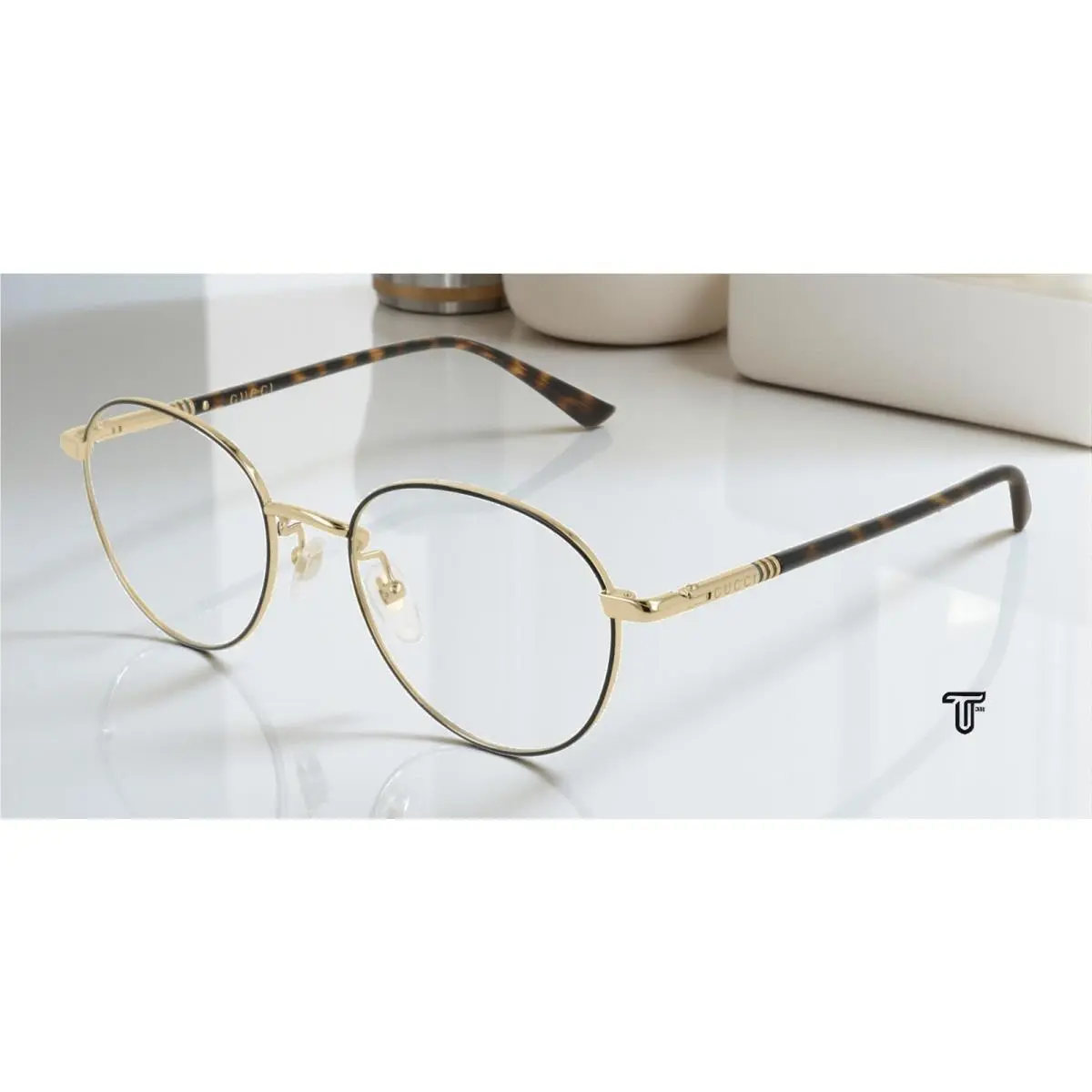 GG0392O 002 Round Oval Black Gold Havana Demo Lens 51 mm Men`s Eyeglasses by Gucci