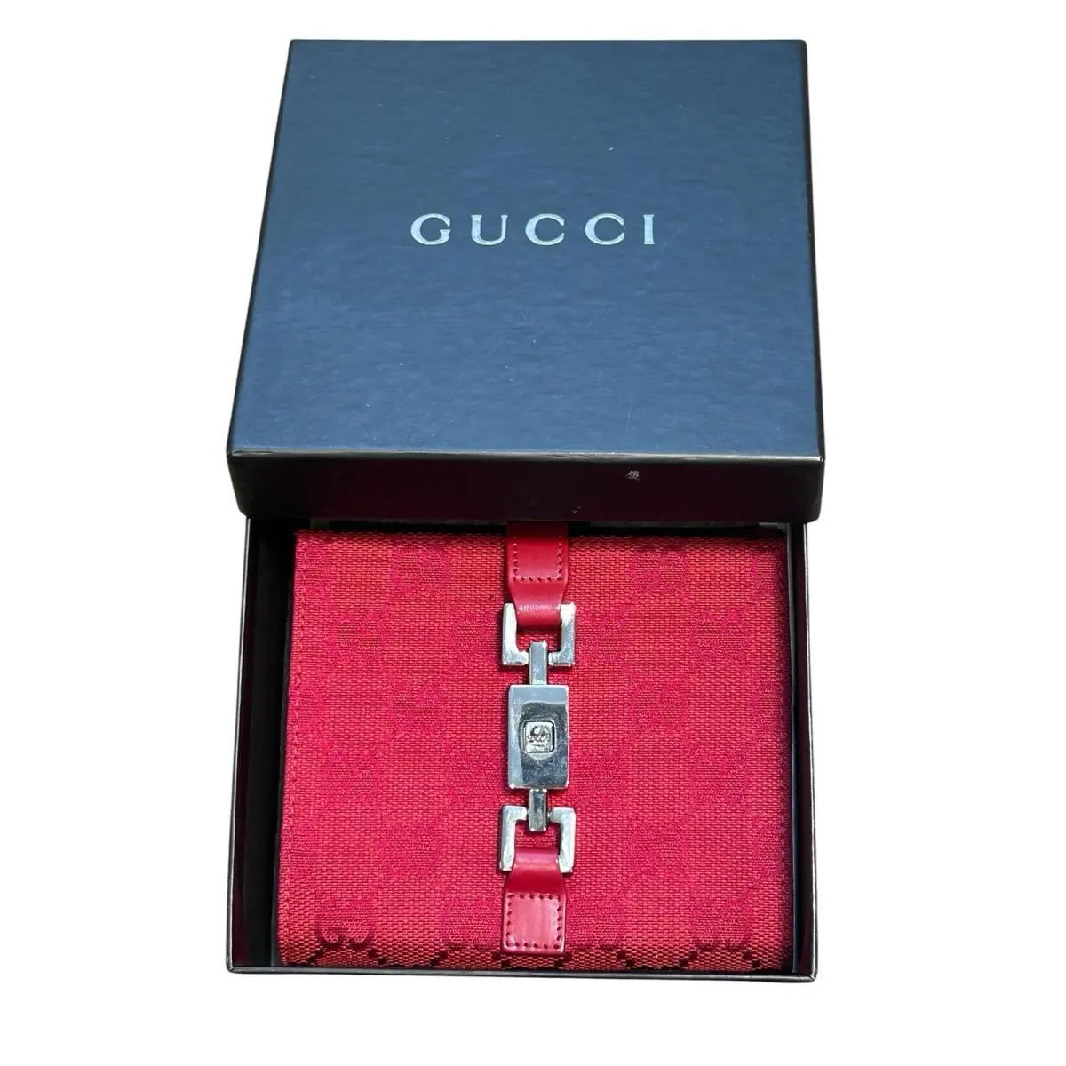 Red Jackie Monogram Bifold Wallet Piston Lock Silver by Gucci