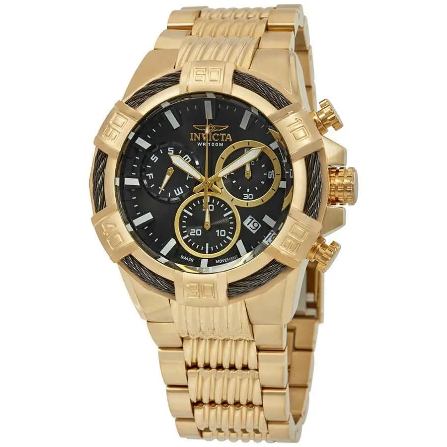 Invicta Bolt Chronograph Black Dial Men`s Watch 25867 - Dial: Black, Band: Yellow Gold-plated, Bezel: Yellow Gold-plated