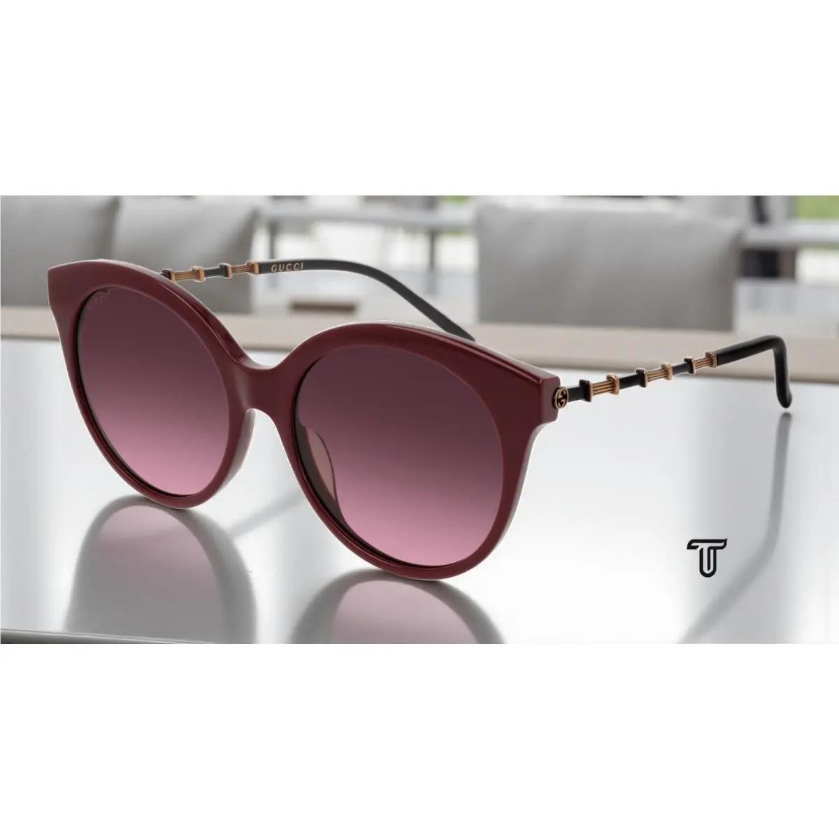 GG0653S 003 Round Oval Burgundy Black Gold Violet 55 mm Women`s Sunglasses by Gucci