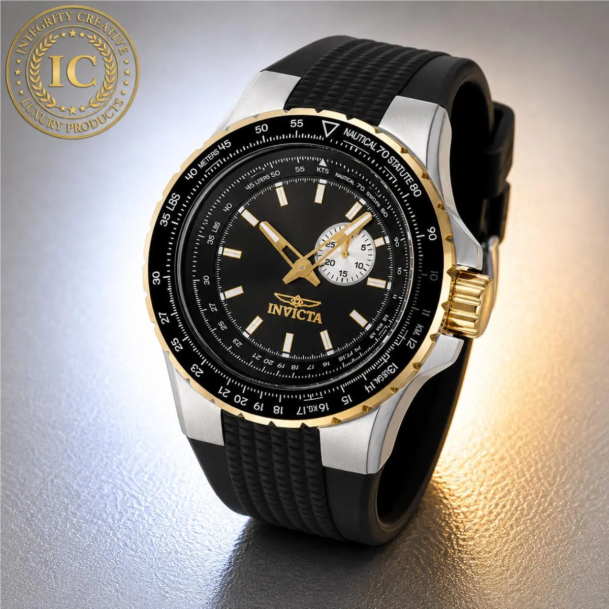Invicta Men`s 50MM Quartz Watch Black Dial Gold Accent Black Silicone Strap Wristwatch