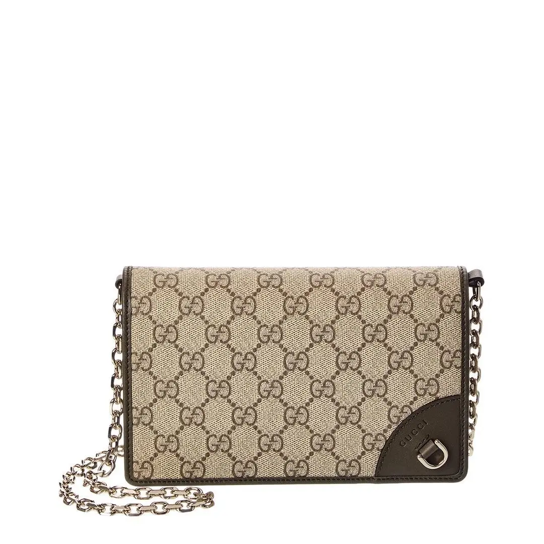 Gucci Gg Emblem Gg Supreme Canvas Leather Wallet On Chain Women`s Brown - Exterior: Brown